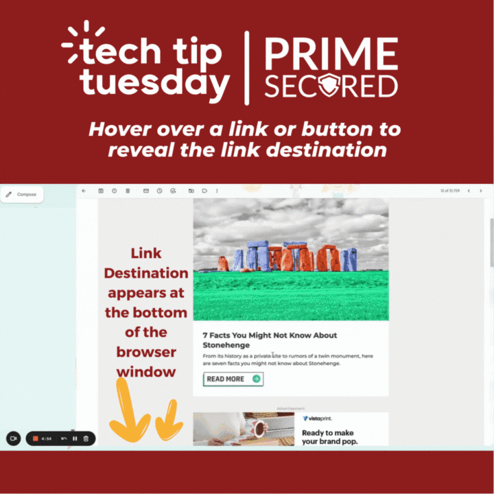 Hovering over a link or button to reveal a phishing link destination